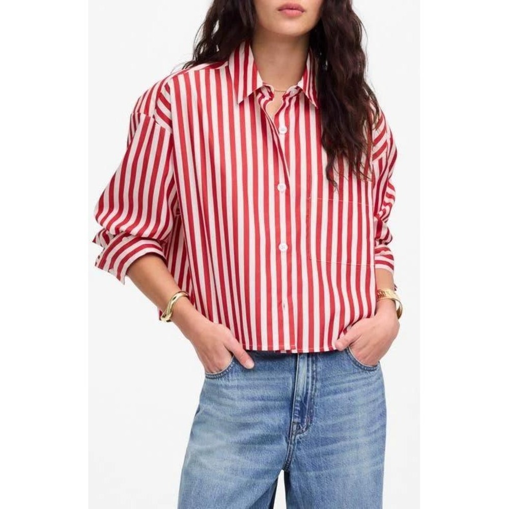 Madewell Courier Button Down Shirt Red White Striped Cotton Size Large